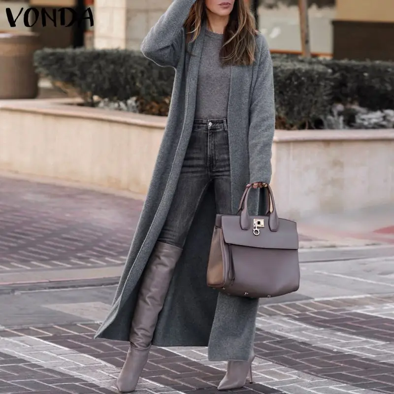 

Женские однотонные куртки VONDA 2021, женский Кардиган с длинным рукавом, повседневные однотонные длинные пальто, верхняя одежда, женская уличн...