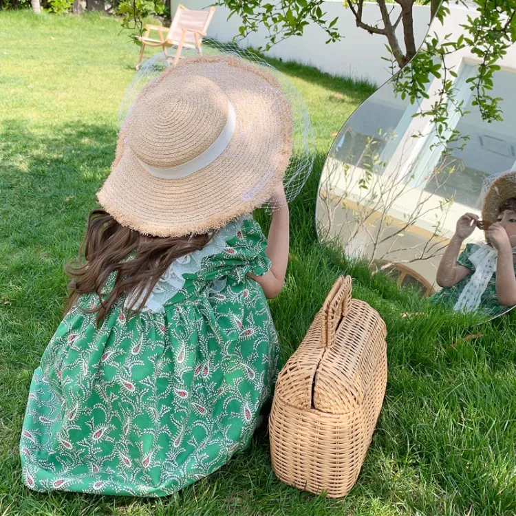 

Summer New Fashion Girls Puff Sleeve Dresses Baby Dress Children Green clothing Kids Lacework Clothes