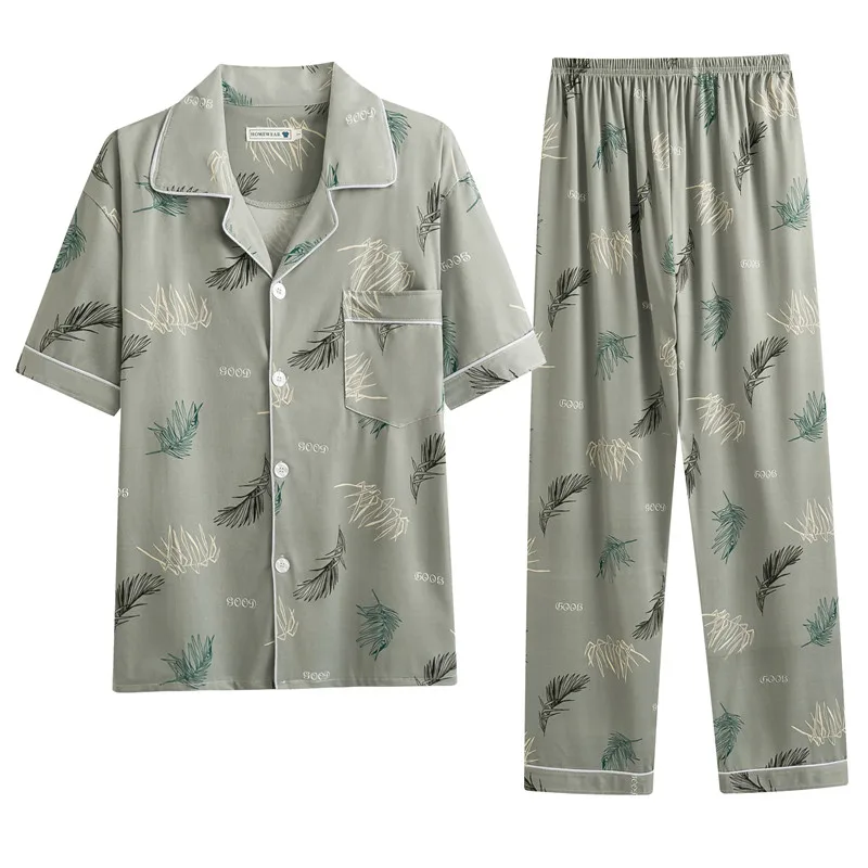 CAIYIER Spring Summer Polyester Men Nightwear Short Sleeve Trousers Casual Pajamas Set For Mens 2021 Pyjamas Lounge Wear L-4XL