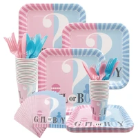 gender reveal party tableware set girl or boy plates cups pink blue disposable tableware gender reveal party decoration supplies