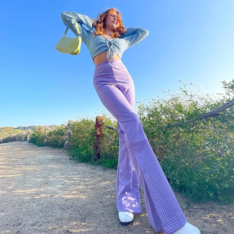 

Fashion Loose Pants Streetwear High Waist Plaid Printed Pants 2021 New Y2k High Street Purple Women Pants Casual Boot Cut Pants