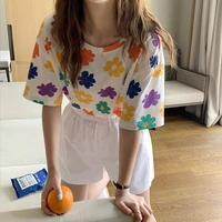 short sleeved t shirt women 2021 summer korean version loose age casual top contrasting color flower o neck short sleeve tees