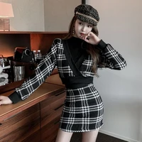 two piece set women french crossover vintage plaid crop top mini skirts sets fall winter fashion streetwear 2 piece suits