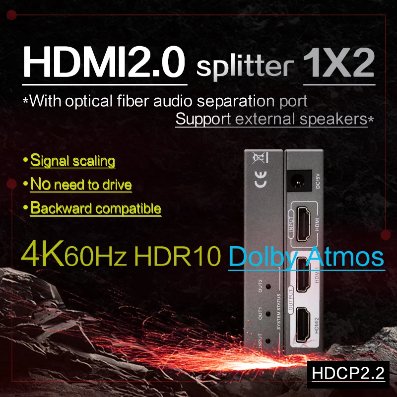 Hdmi сплиттер с аудио 1 в 2 выход SPDIF 4K 60 Гц 18 Гбит/с HDMI 0 HDCP HDR Dolby Vision hdmi коммутатор
