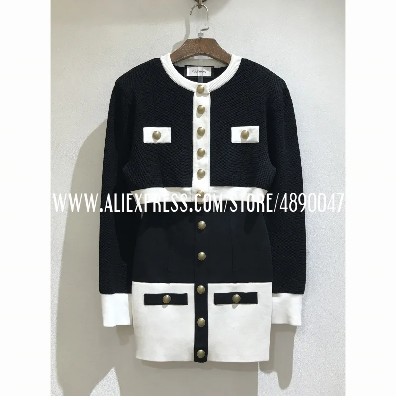 

Metal buttons black and white color matching short knitted jacket + high waist bag hip skirt fashion sexy suit