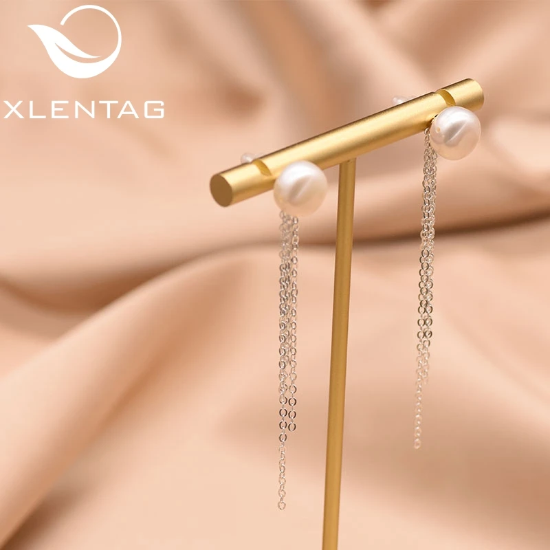 

XlentAg 925 Sterling Silver 100% Fresh Water Pearl Long Tassels Earrings For Women Girl Wedding Birthday Aretes De Mujer GE0852B