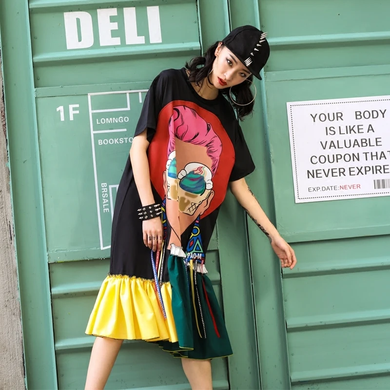 

Summer New 2020 Fashion Women Punk Cartoon Girl Dress Female Ice cream Print Dress round neck Short sleeve Lacing SDress YFY832