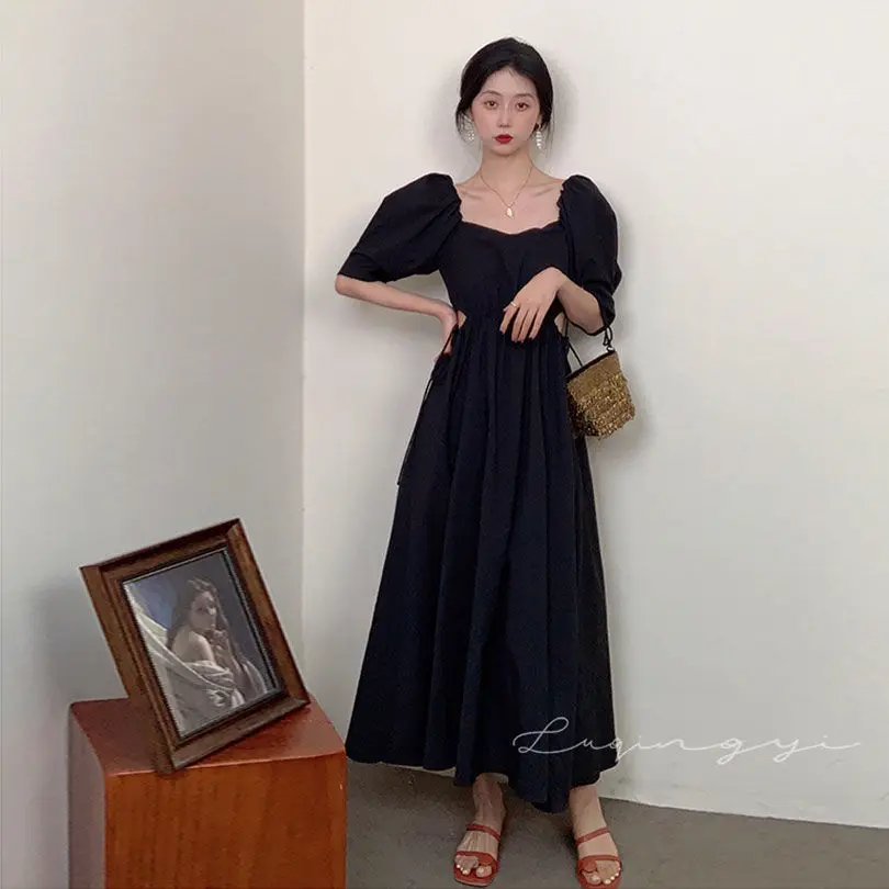 

Square Neck Dress 2021 Women Summer New Waist Temperament Dress Mid-length Drawstring Skirt