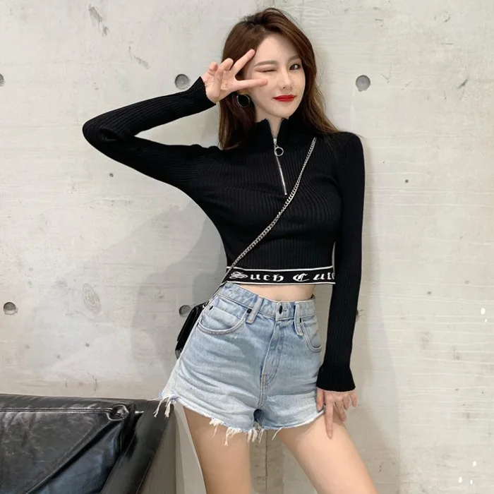 Женская Корейская версия трикотажной рубашки на молнии с полувысоким воротником