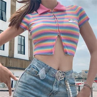 y2k rainbow pink strips cute summer butterfly print slim crop top pink contrast striped short sleeve women t shirt streetwear