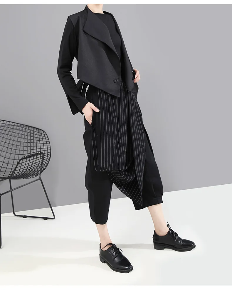 [EAM] High Elastic Waist Striped Black Asymmetric Trousers New Loose Fit Pants Women Fashion Tide Spring Autumn 1A933