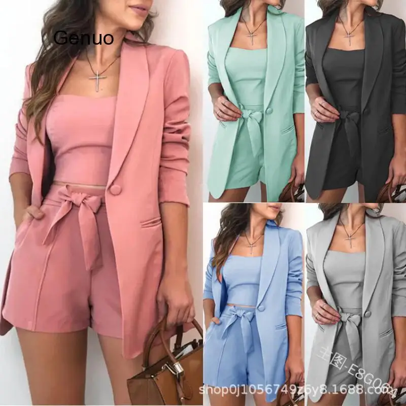 

Three Piece Sets Women Blazer Sexy Slash Neck Office Long Sleeve Suit+Vest Top+Shorts Set Pink Blazer Women Clothing