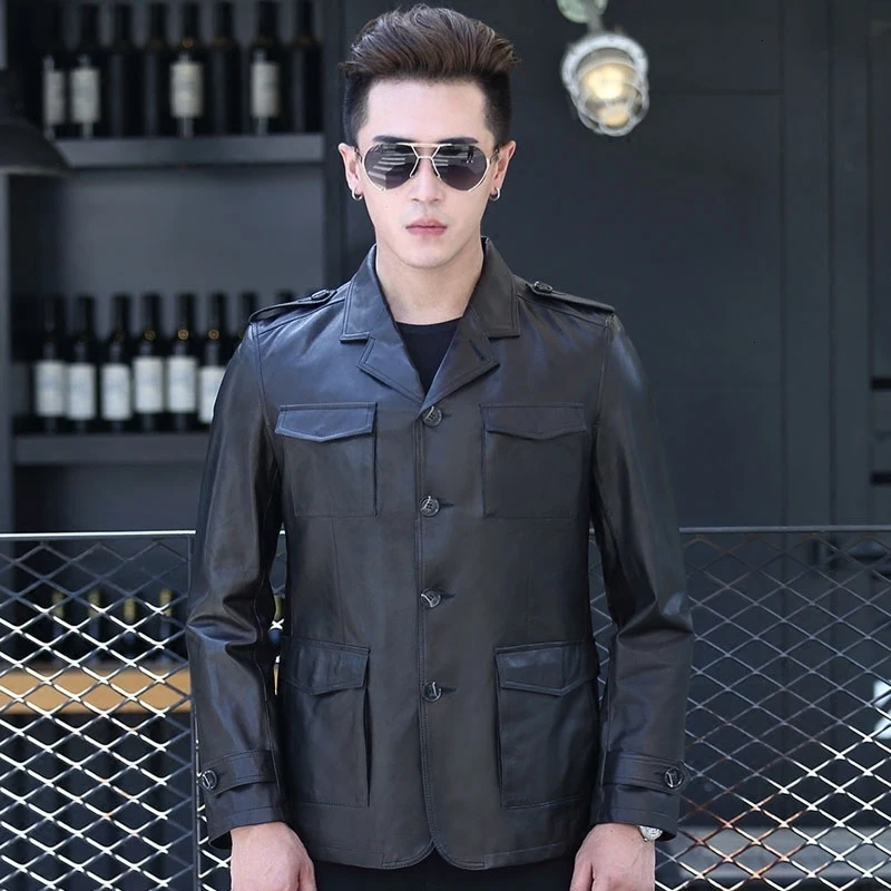 Мужской облегающий блейзер из козьей кожи демисезонный жакет натуральной