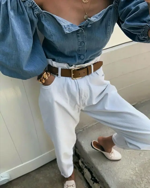 

Women Ladies Off Shoulder Denim Long Sleeve Shirt Loose Blouse Tops Fashion Sexy Women Blouse Streetwear