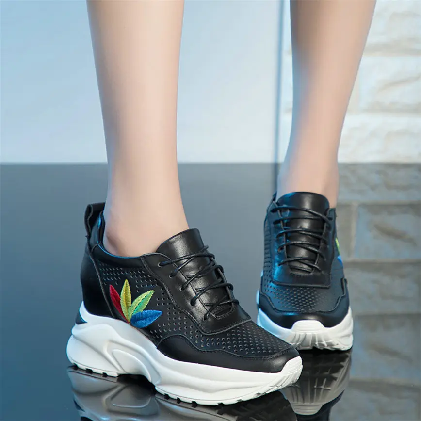 

Casual Travel Shoes Women Genuine Leather Wedges High Heel Pumps Female Lace Up Summer Walking Ankle Boots Breathable Sneakers
