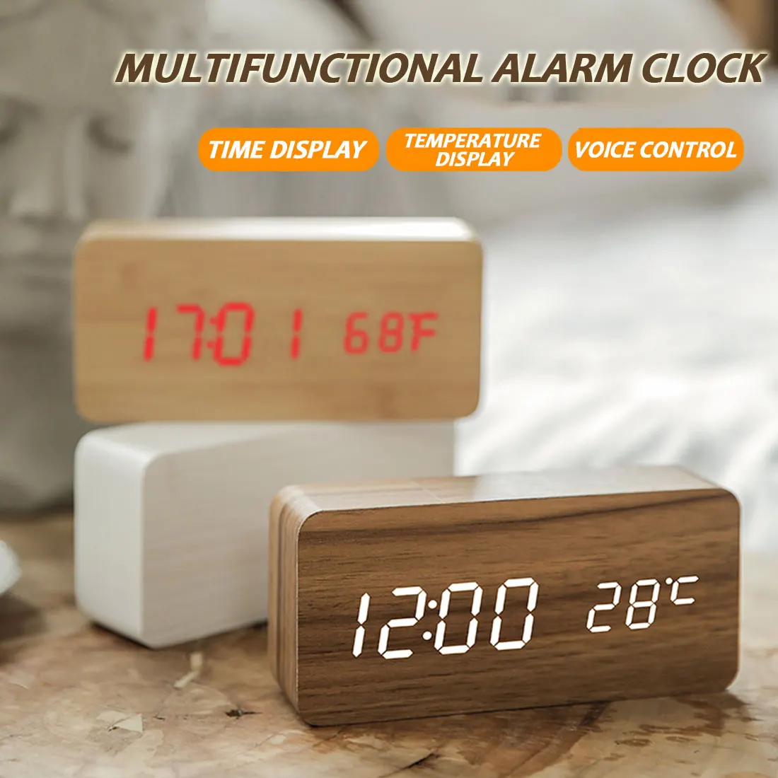 

LED Alarm Clock Desktop Table Clocks Wooden Electronic Desktop LED Temperature Multicolor Clocks Date Display Home Bedroom Decor
