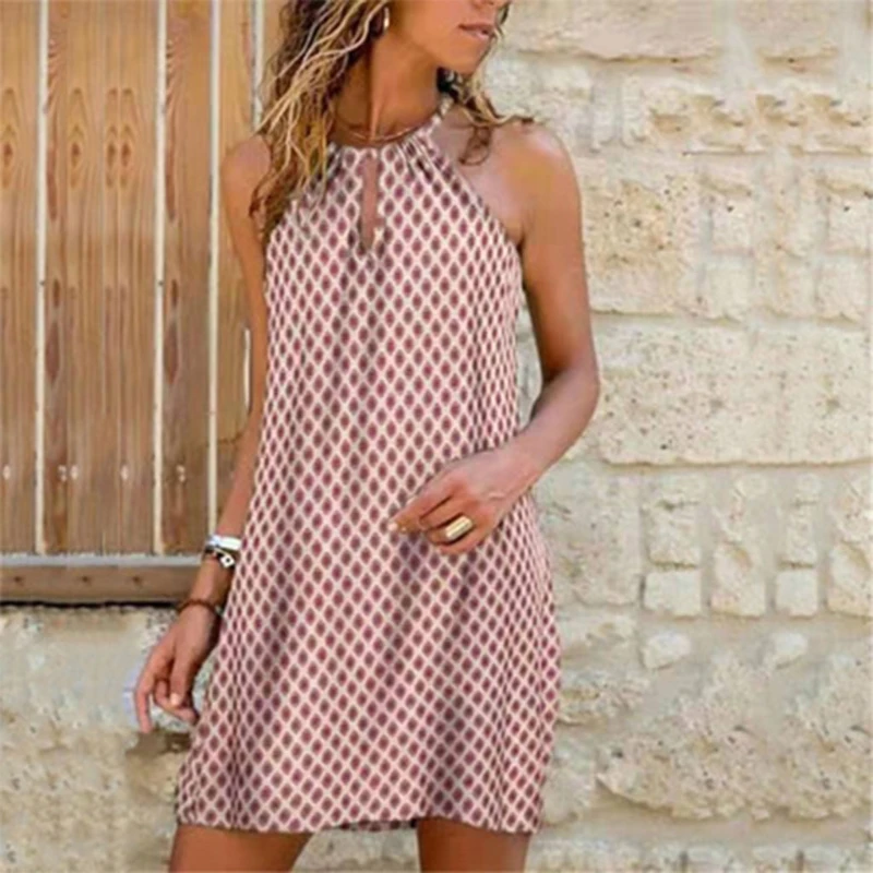 

2021 New Women Sexy Metal Halter Sleeveless Solid Color Plaid Off Shoulder Mini Dress