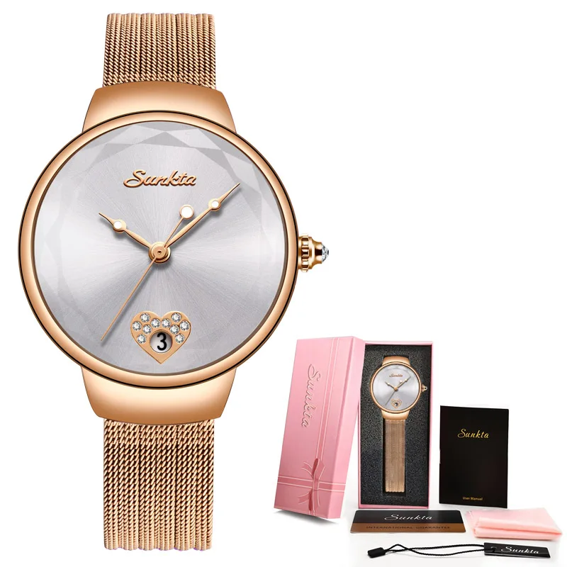 Rose gold white SUNKTA Топ бренд класса люкс водонепроницаемые женские часы; мода и простота керамические кварцевые часы Женское платье часы Relogio Feminino+ коробка - Цвет: Rose gold white