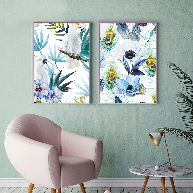 

Watercolor Parrot Plant Leaves and Flowers Canvas Painting Nordic Poster Print Wall Art Landscape Picture for Home Decoration