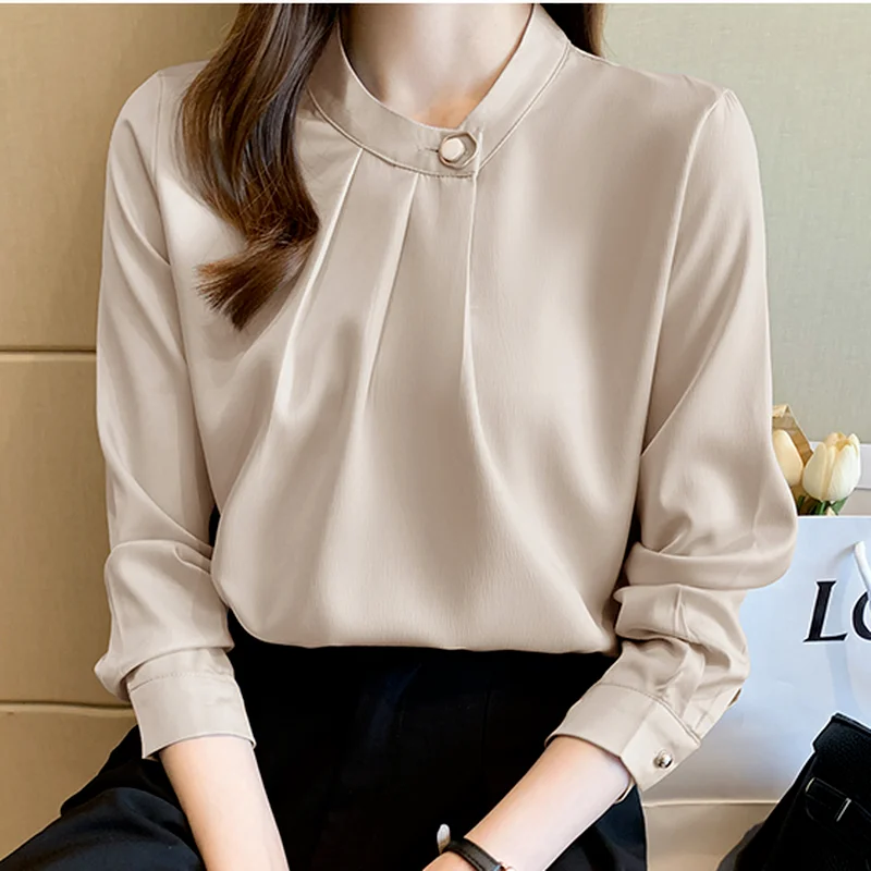 

Fashion Women Blouse Chiffon Long Sleeve Top Women Solid Slimming Shirts Female 2022 Spring Folds Stand Neck Basic Blouses
