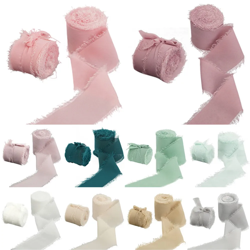 

4 Rolls Hand Torn Raw Edge Ribbon Wedding Bouquets Tie Cake Gift Decoration Colorful Frayed Edged Wrinkle Chiffon Silk Ribbon