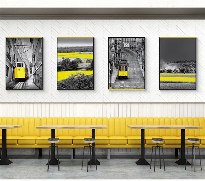 

Yellow Landscape Nordic Poster Modern Scenery Wall Art Canvas Painting Tram Wall Pictures For Living Room Home Decor Unframed