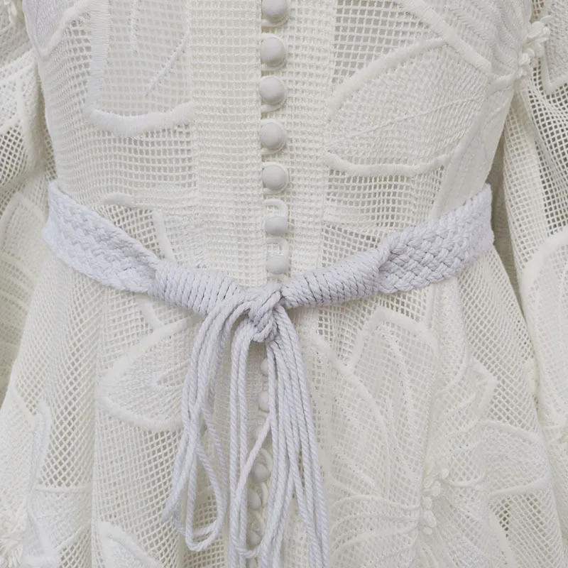 

Stand Collar White Lace Slim Waist Vestidos Women Puff Sleeve Ol Office Lady Elegant Femme Robe Spring Short Dresses 13A197