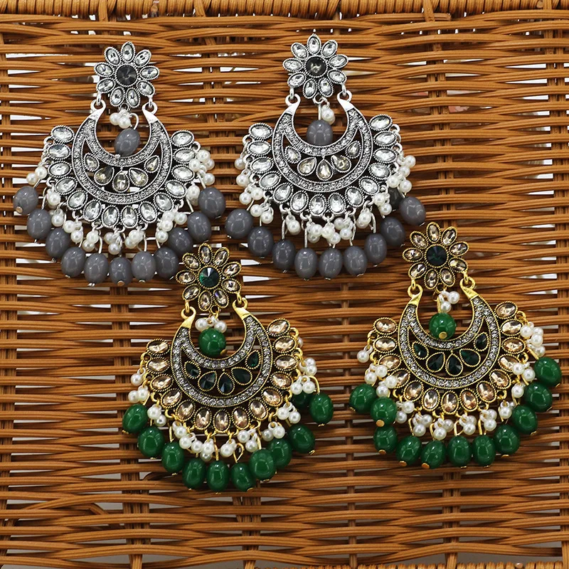 New Ins Indian Gold Handmade Pearl Beads Army Green Bridal Nepal Tibet Thailand Piercing Earrings Vintage Fashion Party Jewelry images - 6