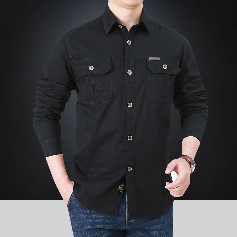 

2021 New Casual Shirt Men Cargo Shirts Oversize 6XL Pure Cotton Solid Casual Shirts Men's Clothing Brand Tooling Blouses AF1388
