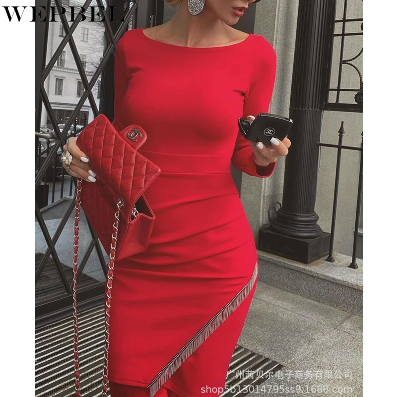 

WEPBEL Fashion Long Sleeve Dress Women's Casual Solid Color Slim High Waist Dress Autumn O-Neck Tassel Stitching Dress