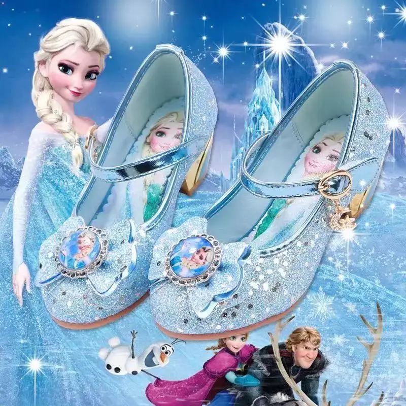 Frozen Princess Shoes Kids Leather Shoes For Girls Casual Glitter Children Wedding Party Dancing Crystal Shoes Bowknot Sandals