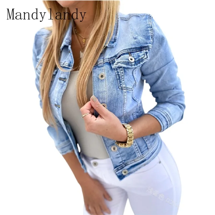 

Mandylandy Denim Jacket Autumn Long Sleeve Single-Breasted Turn-down Collar Jacket Women Casual Solid Color Pocket Splicing Coat