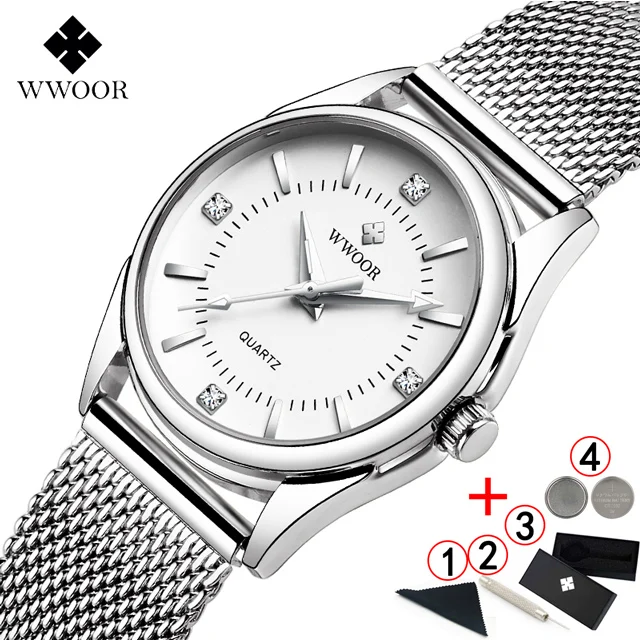 silver-with-box WWOOR Для женщин часы Элитный бренд платье с бриллиантами золотые наручные часы Нержавеющая сталь женские часы золотые кварцевые часы Для женщин - Цвет: silver-with-box