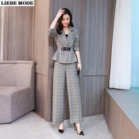 woman wide leg pant suit two pieces grey brown plaid casual loose office work 2 piece set womens suits belted blazer with pants
