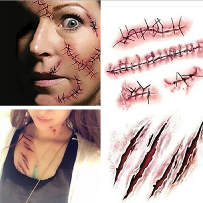 

Convenient Tattoo Stickers Halloween Terror Realistic Stitched Injuries Wounds Non-toxic Long Lasting Temporary Tattoo Stickers