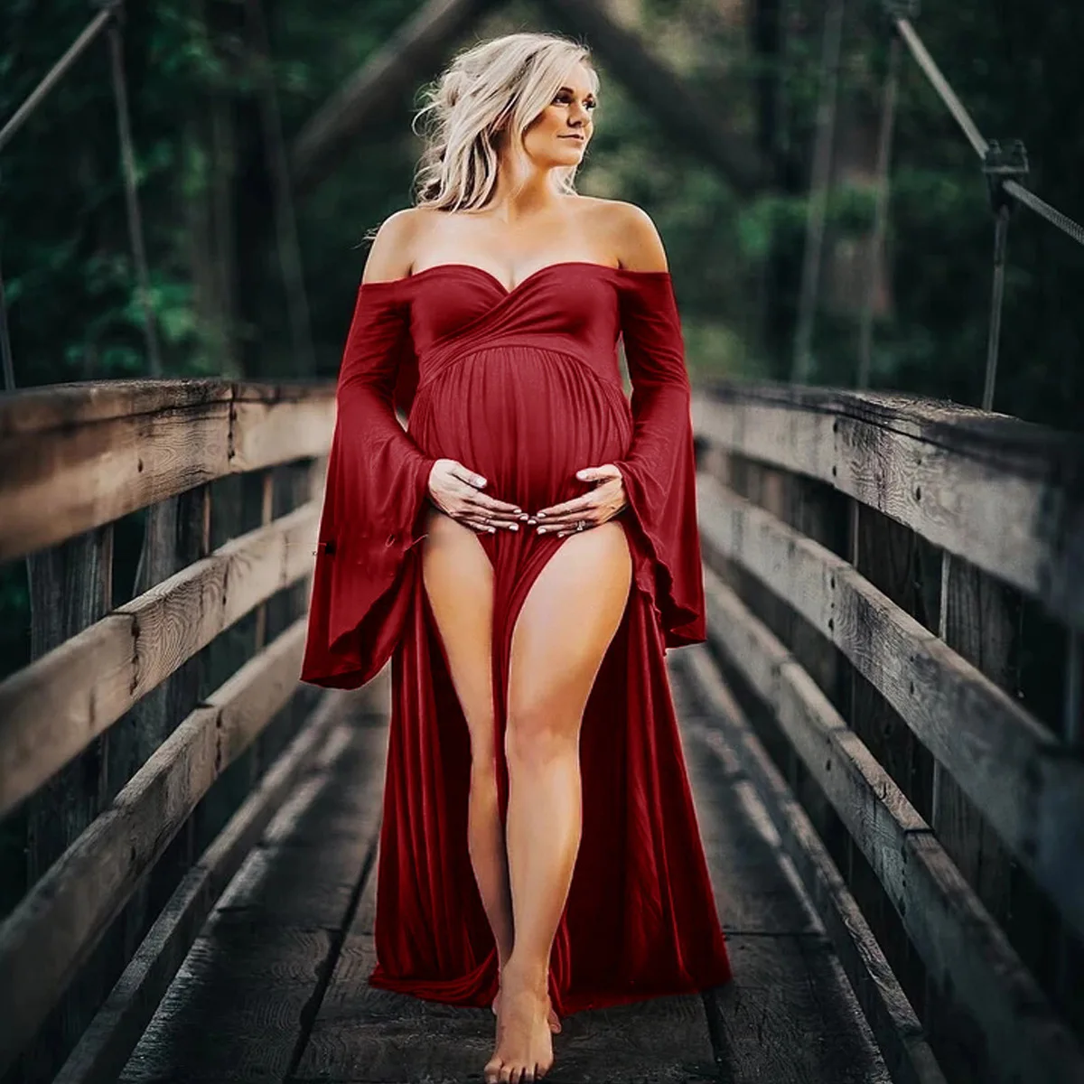 

Cotton Maternity Dresses for Photography Sexy Shouldless Ruffle Pregnant Dresses for Women Puff Sleeve Maxi Long Pregnancy Dress