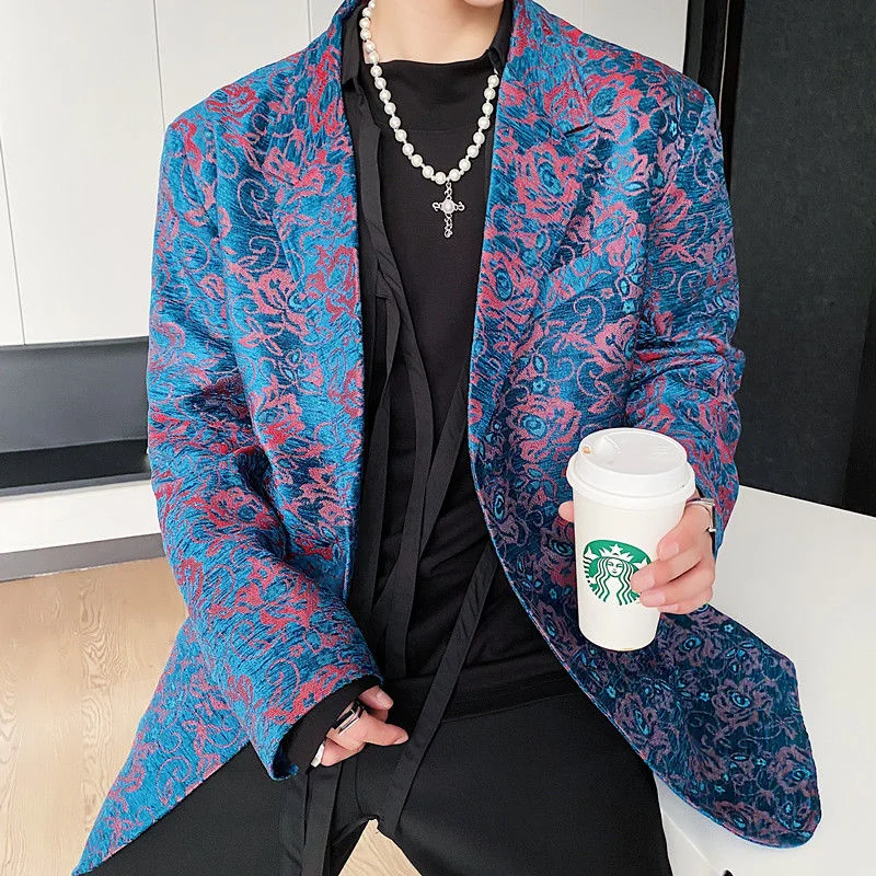 

IEFB Embroidery Long Sleeve Blue Men's Blazers 2023 Korean Fashion New Jacquard Fabric Suit Coat British Silhouette Clothing