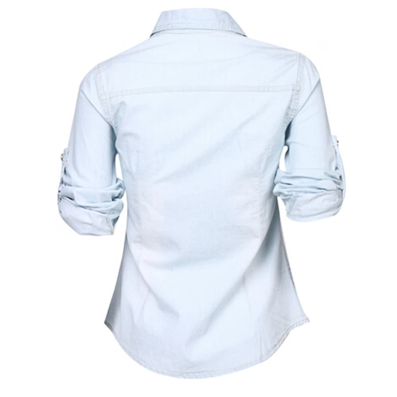 

Women Girls New Fashion Casual Solid Blue Jean Soft Denim Long-Sleeve Shirt Tops Summer Button Pockets Blouse Hot