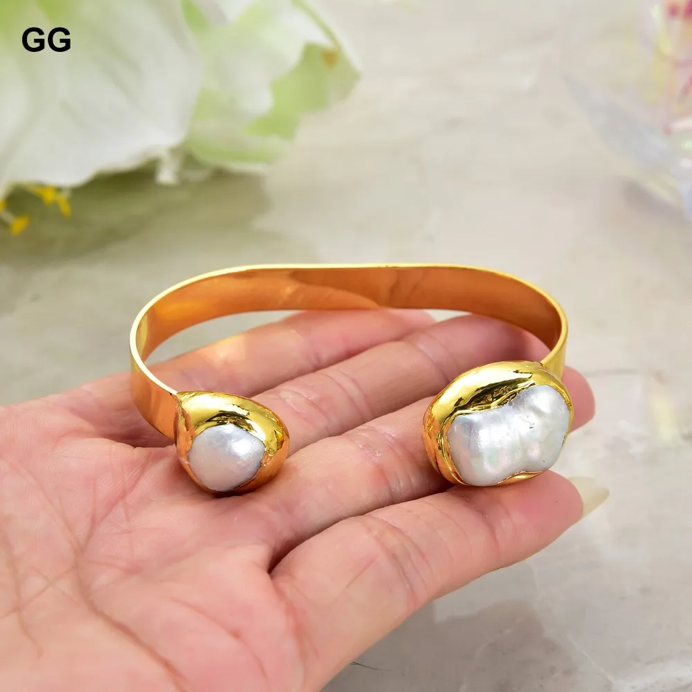 

GuaiGuai Jewelry 15x21MM Natural White Baroque Keshi Pearl Gold Color Plated Bangle Bracelet