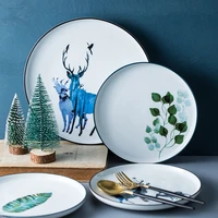 ceramic breakfast plate steak plate nordic tableware green plant pattern round plate home dining plate restaurant service plate