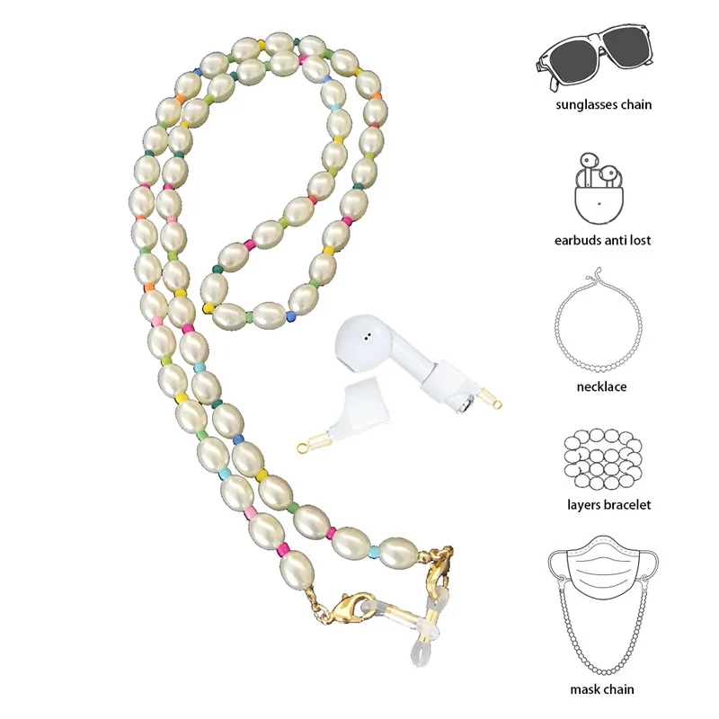 

2021 New Ins Trendy Colorful Beads Pearl Necklace Mask Chain Glasses Earbuds Wireless Headphone Anti-lost Strap Lanyard