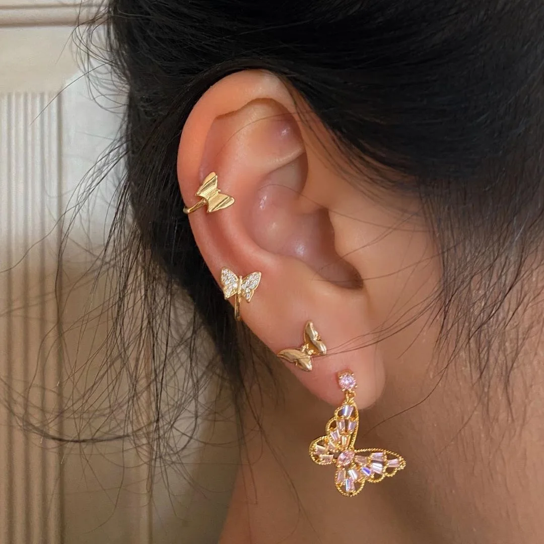 

New Trend Earrings Set for Women Star Dragonfly Cross Sun Lock Earrings Chain Ear Clip Rhinestone Butterfly Stud Earring Jewelry
