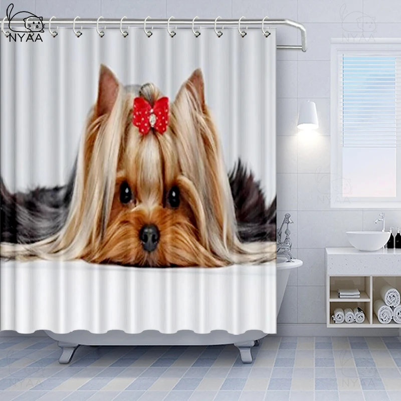

Vixm Yorkie Shower Curtain Lying Yorkshire Terrier with Cute Ribbon Yorkie Love Portrait of a Dog Fabric Bath Curtains