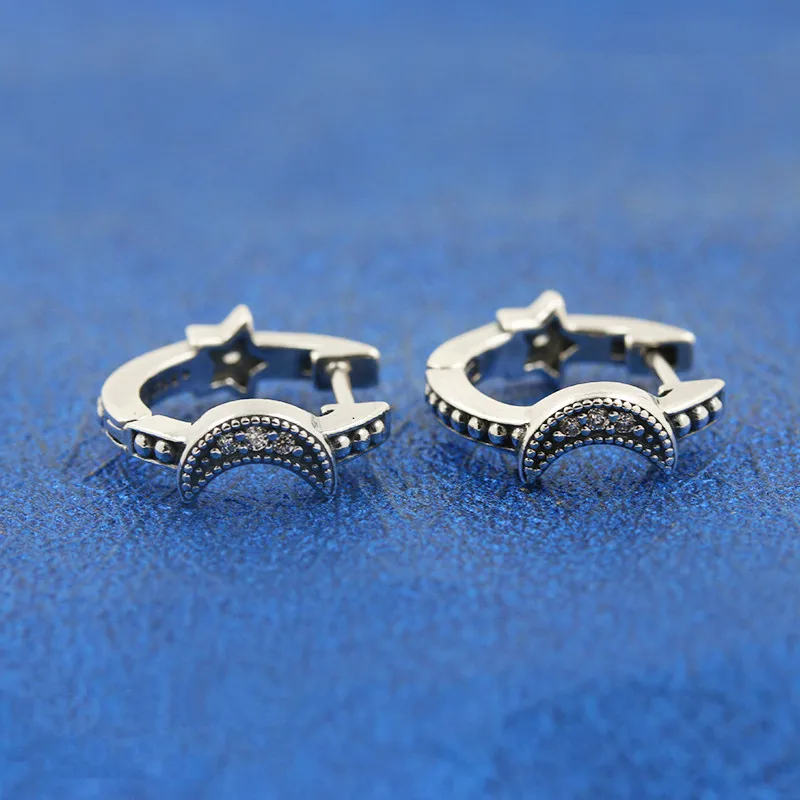 

Crescent Moon And Stars Beaded Hoop Earrings For Women 925 Sterling Silver earring silver 925 brincos fine jewelry Free shipping