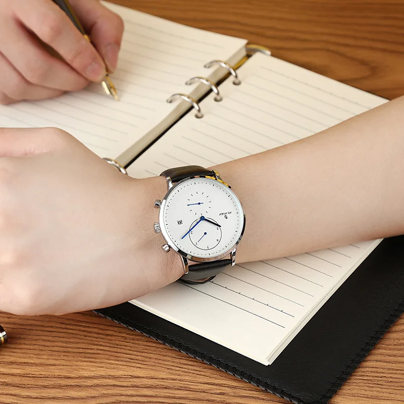 

Business Waterproof Watches for Men Black Man's Quartz Wrist Watch with Leather Strap Auto Date Big Face Dial 43MM Clock Watch