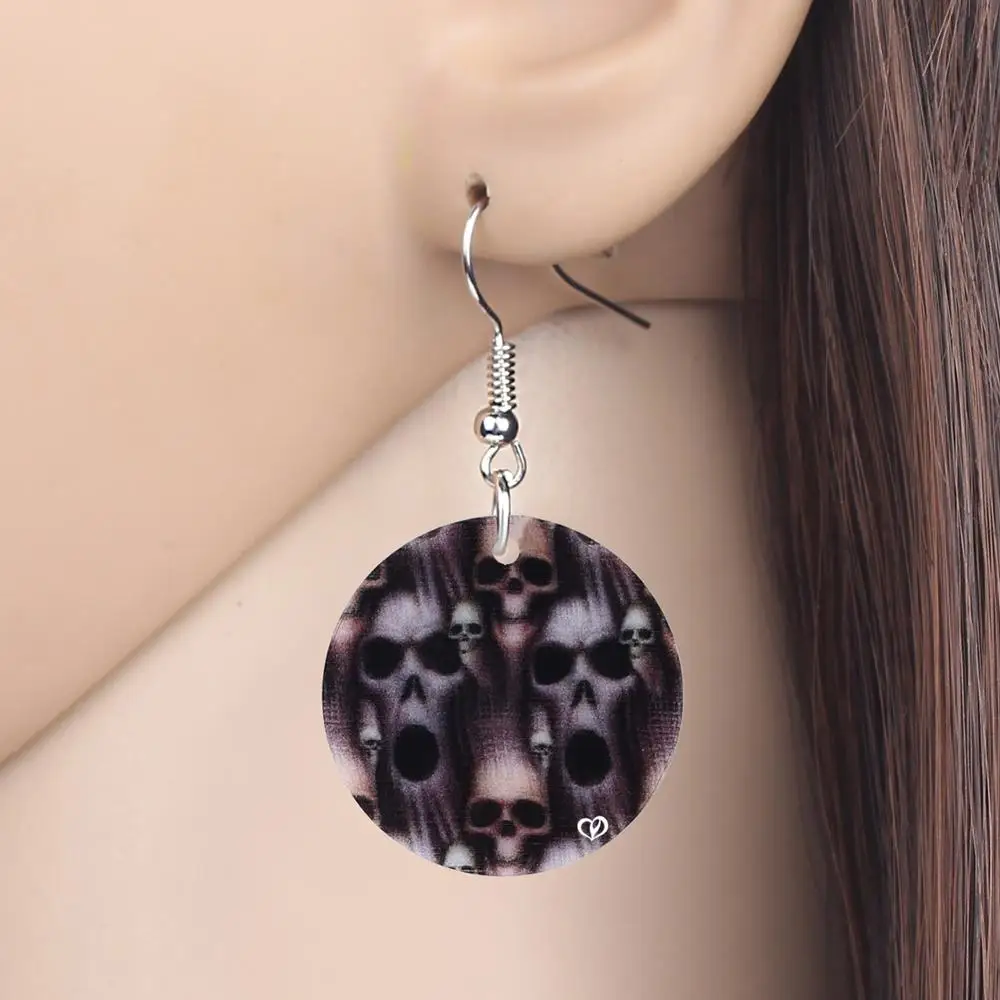 Bonsny Acrylic Halloween Horror Skull Skeleton Head Round Earrings Drop Dangle Festival Decorations Jewelry Women Girl Teen Gift | Украшения