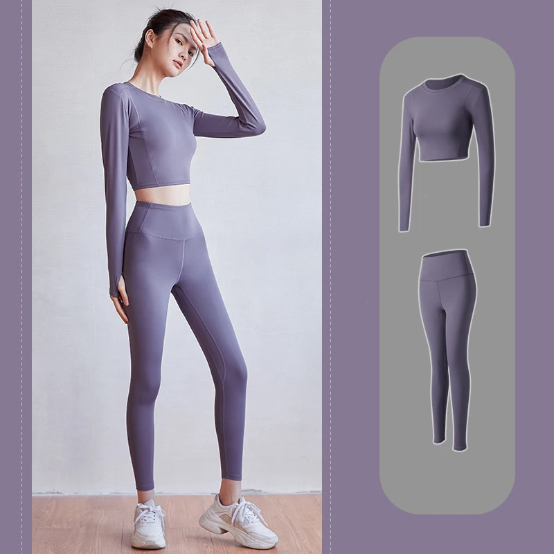 

High Waist Elastic solid Fitness Yoga Suits Women Fashion Casual full sleeve Nylon Quick Drying Bra Suit Sexy tops two pice sets