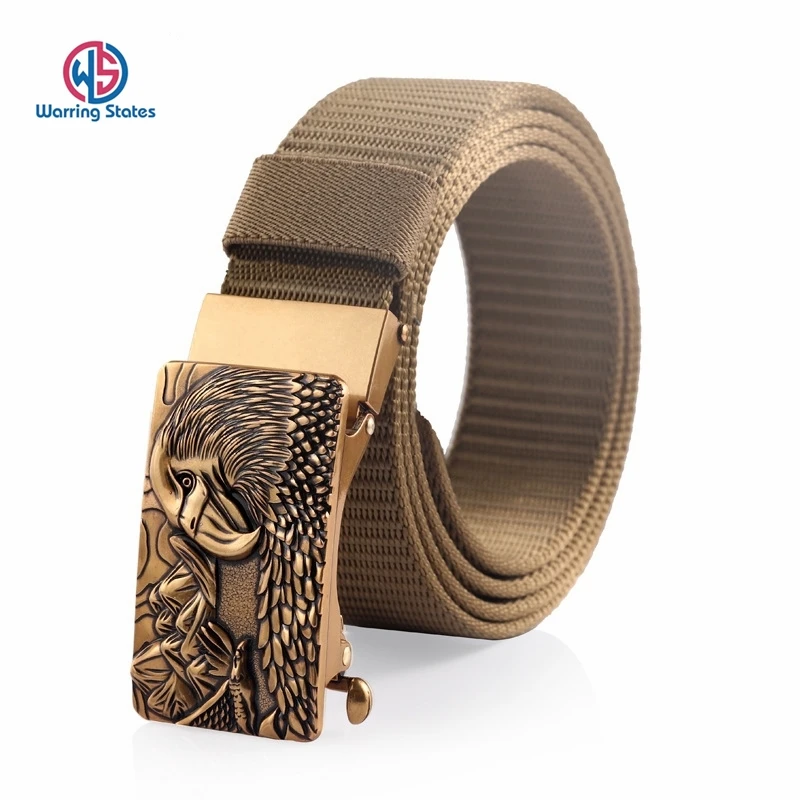 

[Warring States] New Adjustable Nylon Belt Toothless Bronze Eagle Head Pattern Automatic Buckle Men's Casual Belt