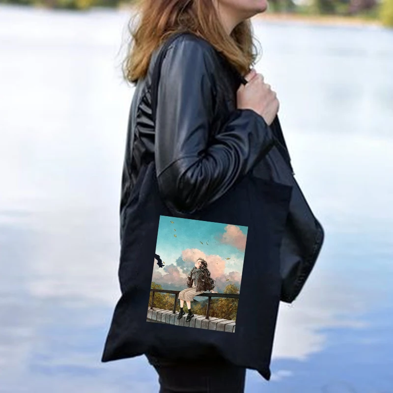 

Cartoon girls print women shopping tote bags fashion black canvas bag female shoulder bags harajuku college style book bag totes