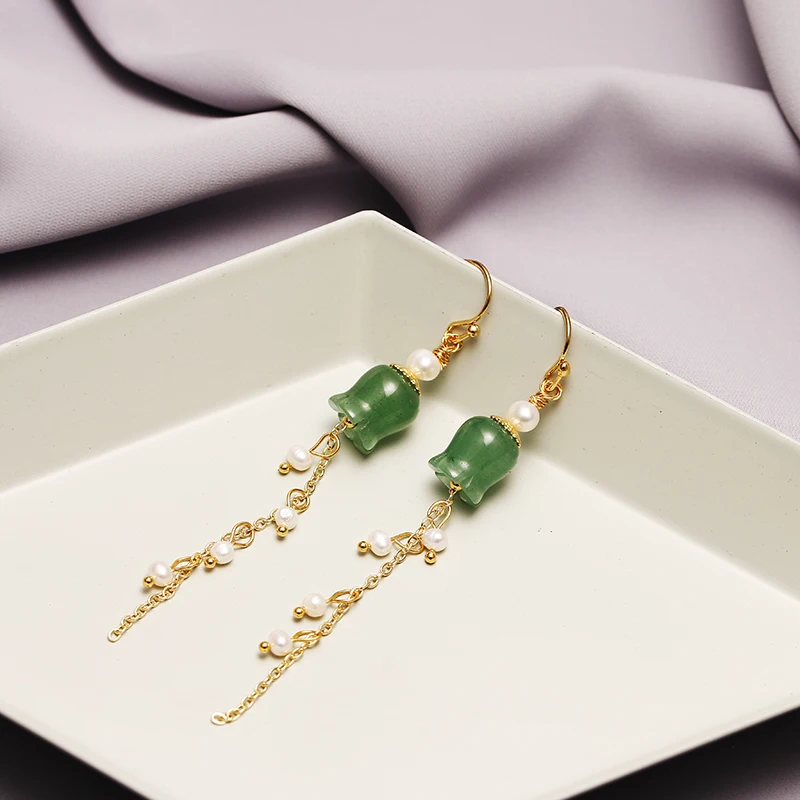 Original 14K Gold Filled Natural Freshwater Pearl Lotus Jade Flower Ladies Tassel Drop Earrings Jewelry Women Christmas Gift |